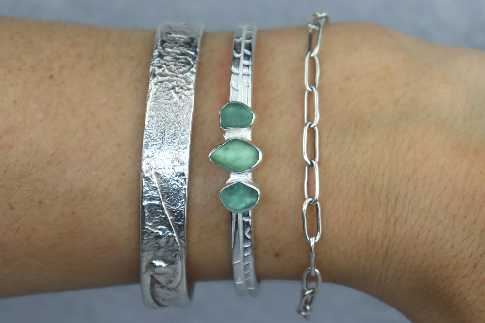 Welsh Sea Glass Textured Sterling Silver Cuff