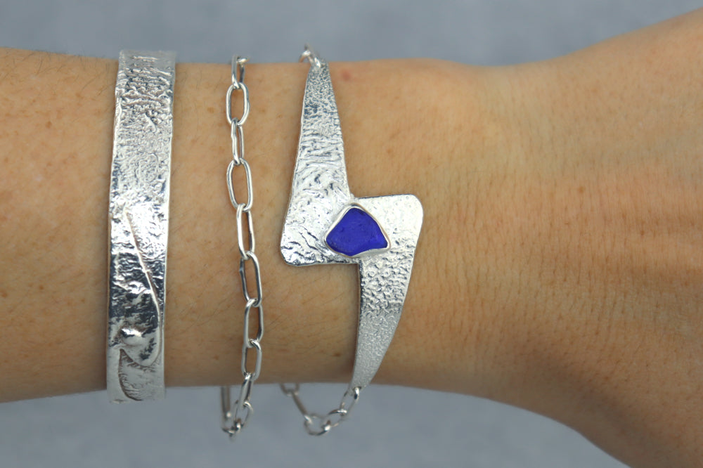 Welsh Sea Glass Reticulated Sterling Silver Cuff