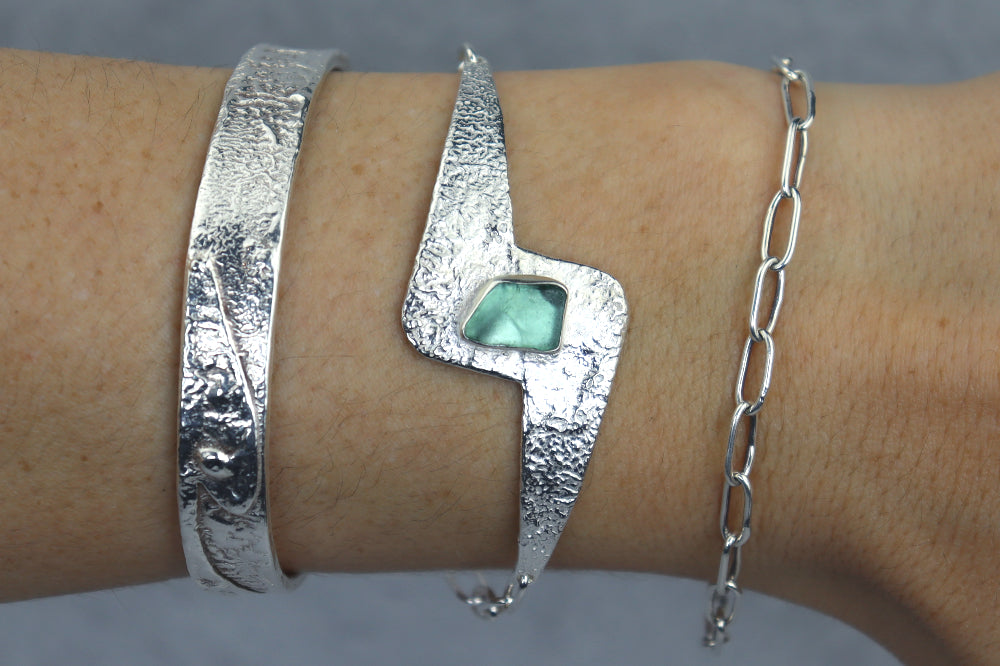 Welsh Sea Glass Reticulated Sterling Silver Cuff