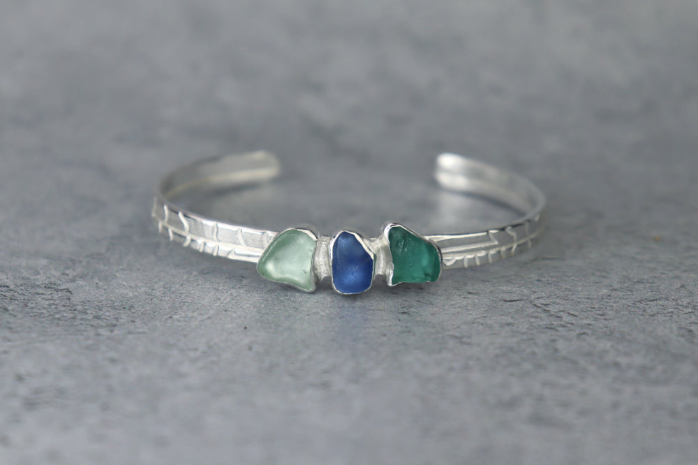 Welsh Sea Glass Textured Sterling Silver Cuff