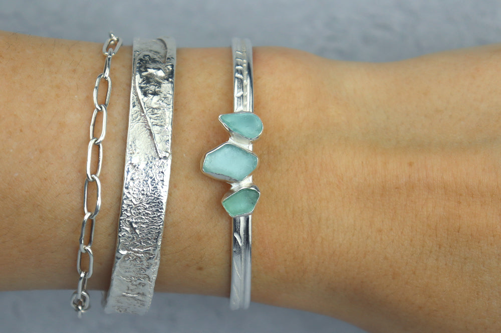 Welsh Sea Glass Textured Sterling Silver Cuff