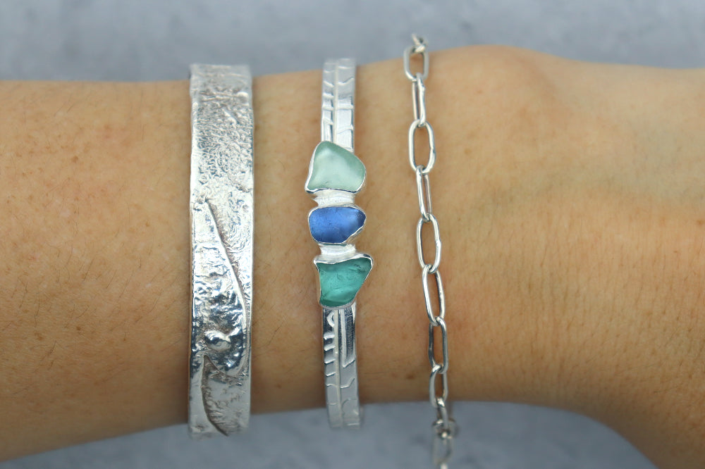 Welsh Sea Glass Textured Sterling Silver Cuff
