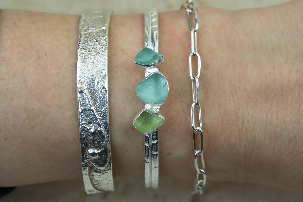 Welsh Sea Glass Textured Sterling Silver Cuff