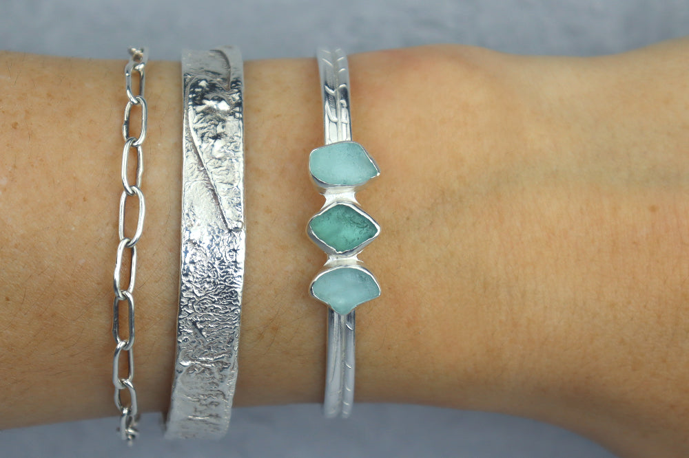 Welsh Sea Glass Textured Sterling Silver Cuff