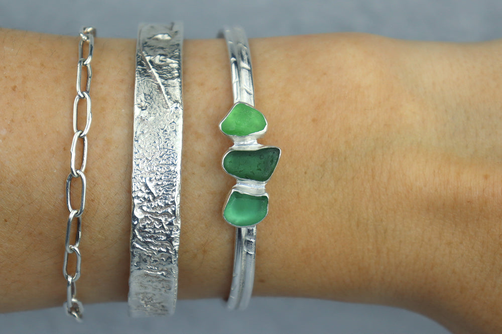 Welsh Sea Glass Textured Sterling Silver Cuff