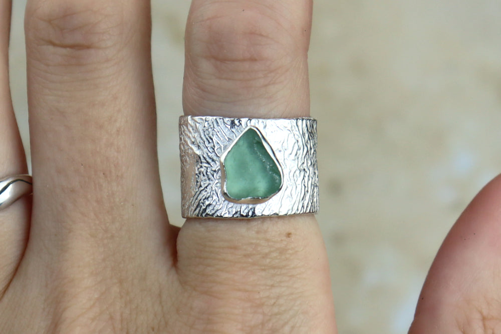 UK Size P Reticulated Welsh Sea Glass Ring
