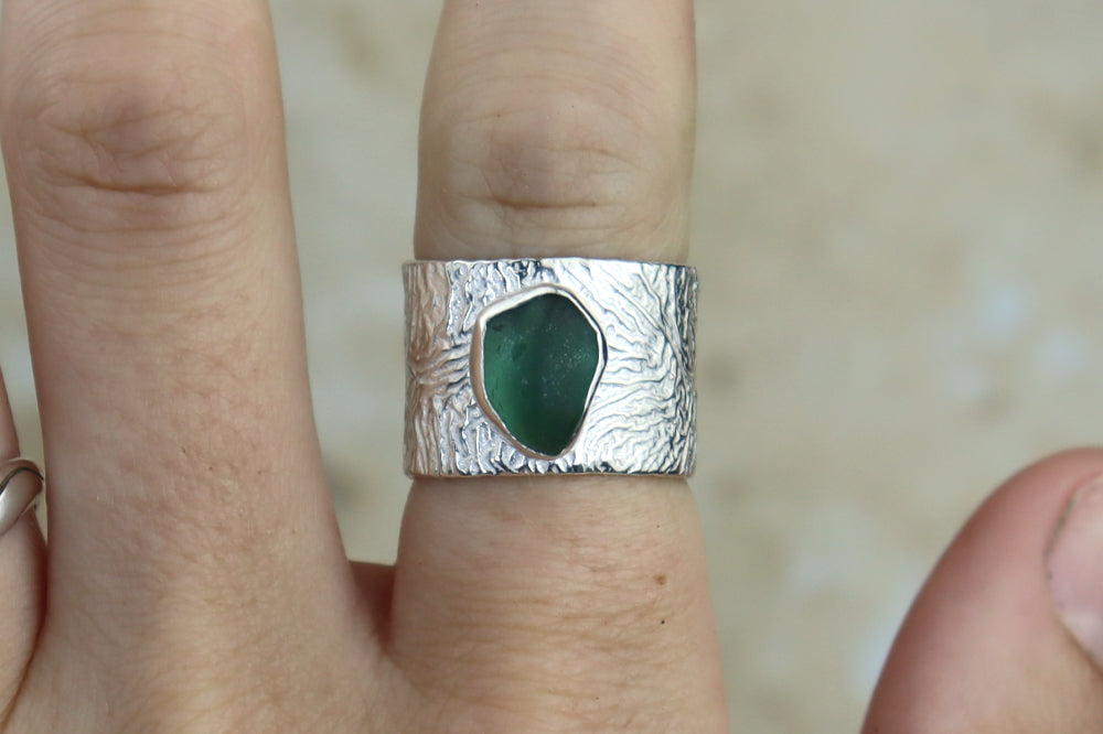 UK Size M Reticulated Welsh Sea Glass Ring
