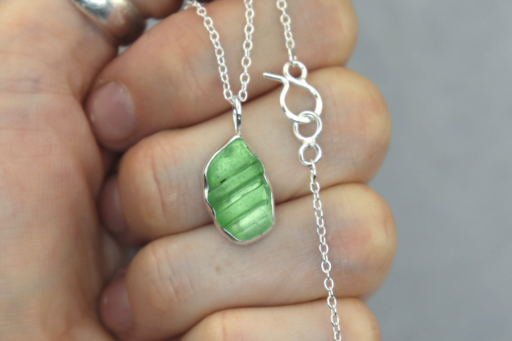 Welsh Sea Glass Silver Necklace With Engraved Back