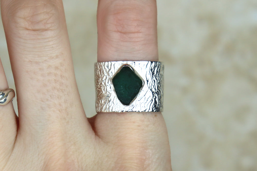UK Size P/Q Reticulated Welsh Sea Glass Ring