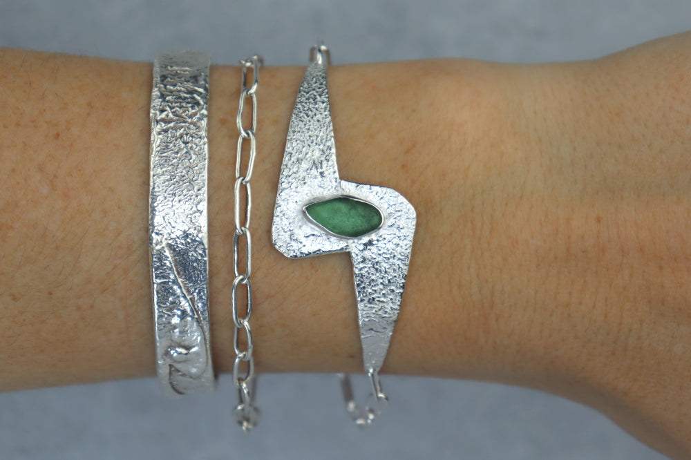 Welsh Sea Glass Reticulated Sterling Silver Cuff