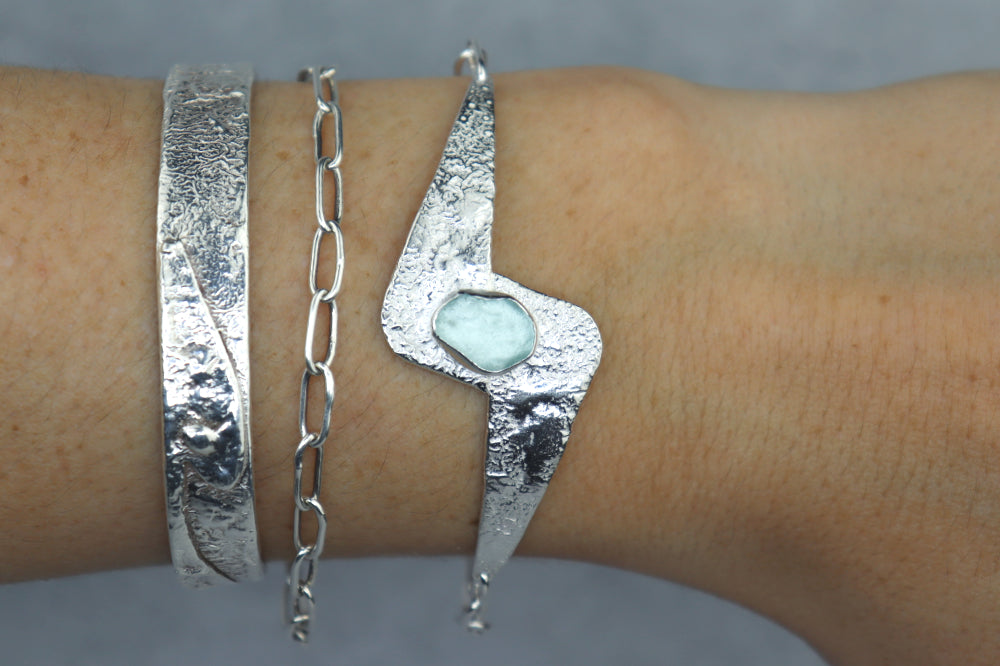 Welsh Sea Glass Reticulated Sterling Silver Cuff