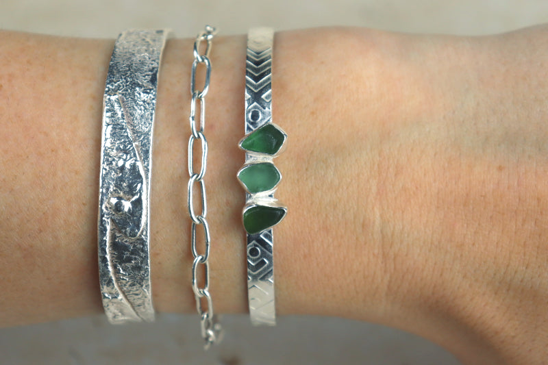 Welsh Sea Glass Textured Sterling Silver Cuff