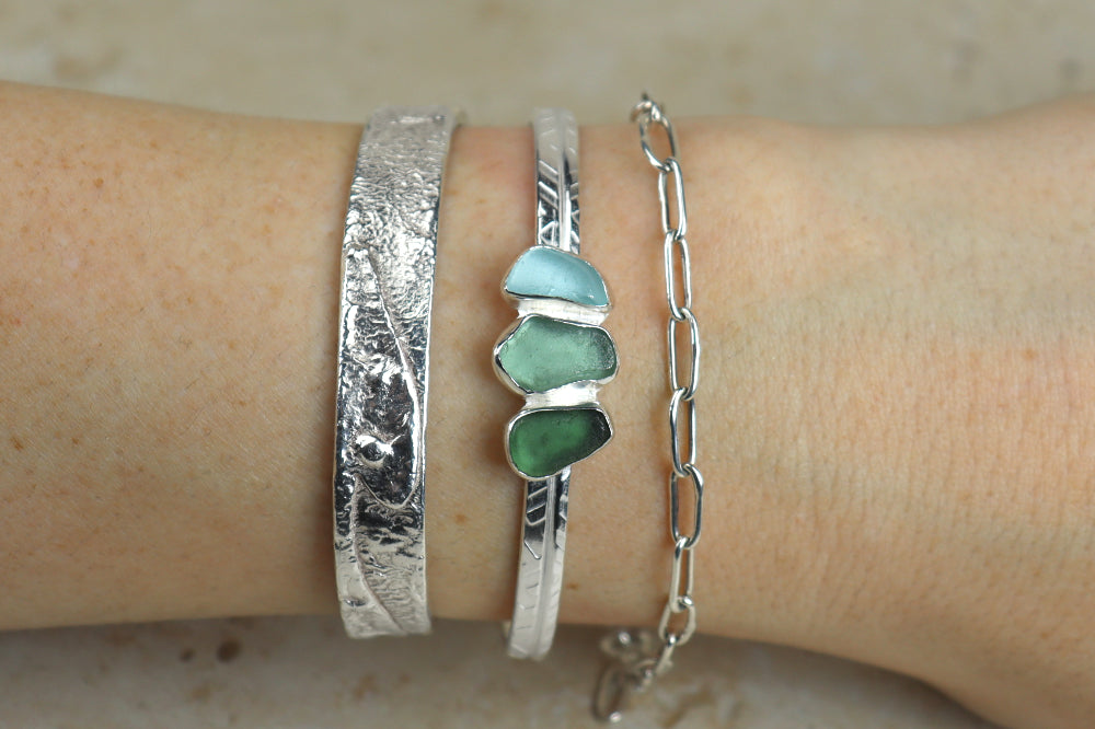 Welsh Sea Glass Textured Sterling Silver Cuff