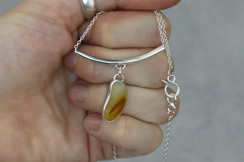 Welsh Sea Glass Silver Bar Necklace With Engraved Back