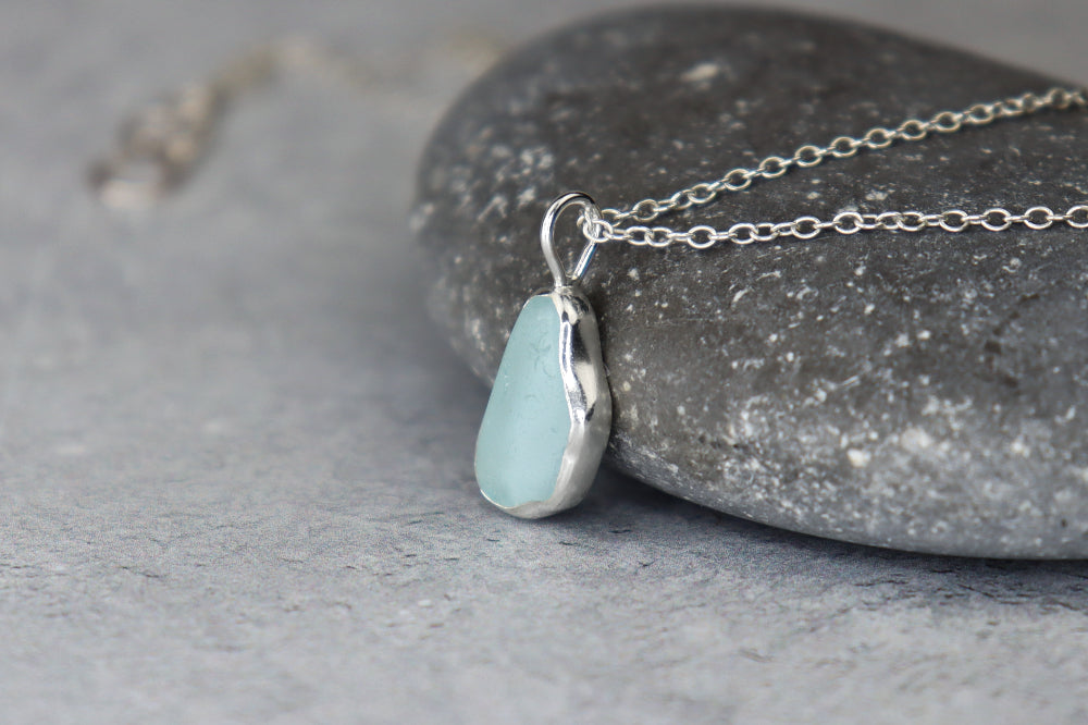 Welsh Sea Glass Silver Necklace With Engraved Back