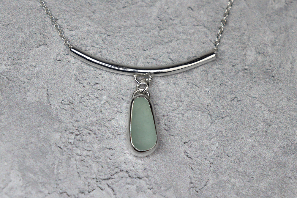 Welsh Sea Glass Silver Bar Necklace With Engraved Back