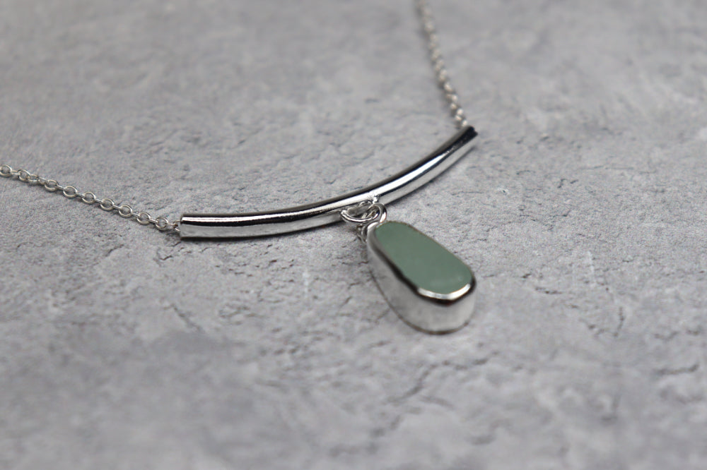 Welsh Sea Glass Silver Bar Necklace With Engraved Back