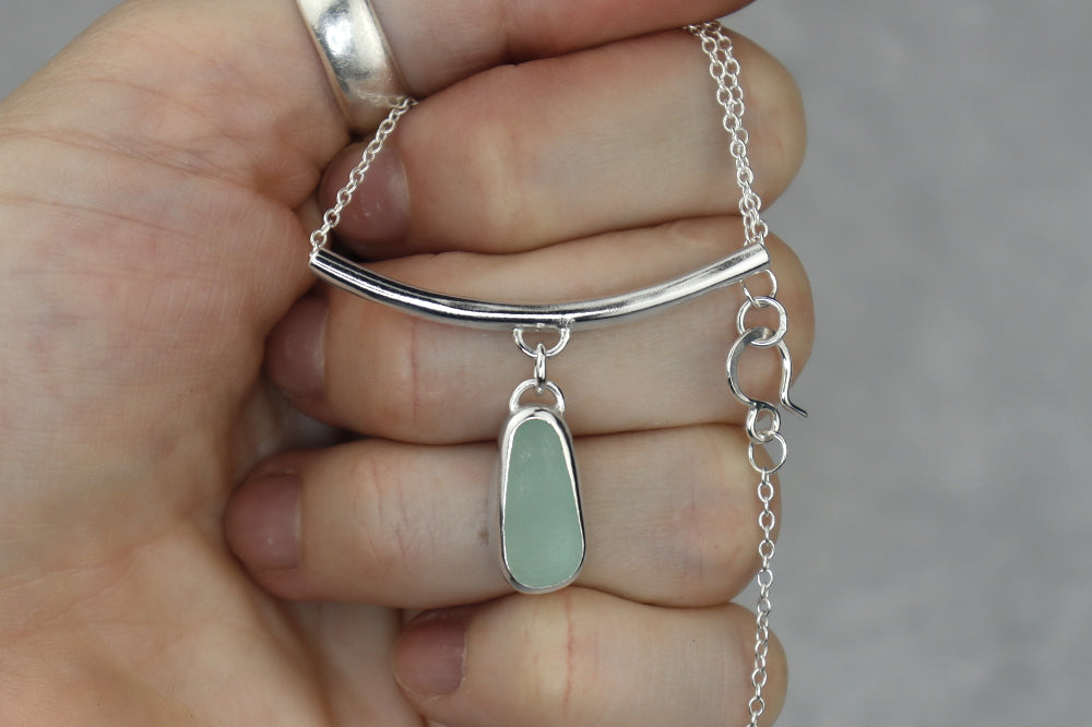 Welsh Sea Glass Silver Bar Necklace With Engraved Back