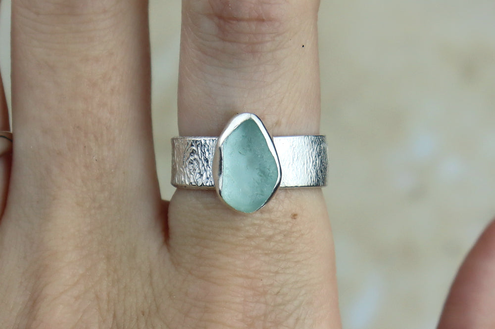 UK Size P Reticulated Welsh Sea Glass Ring