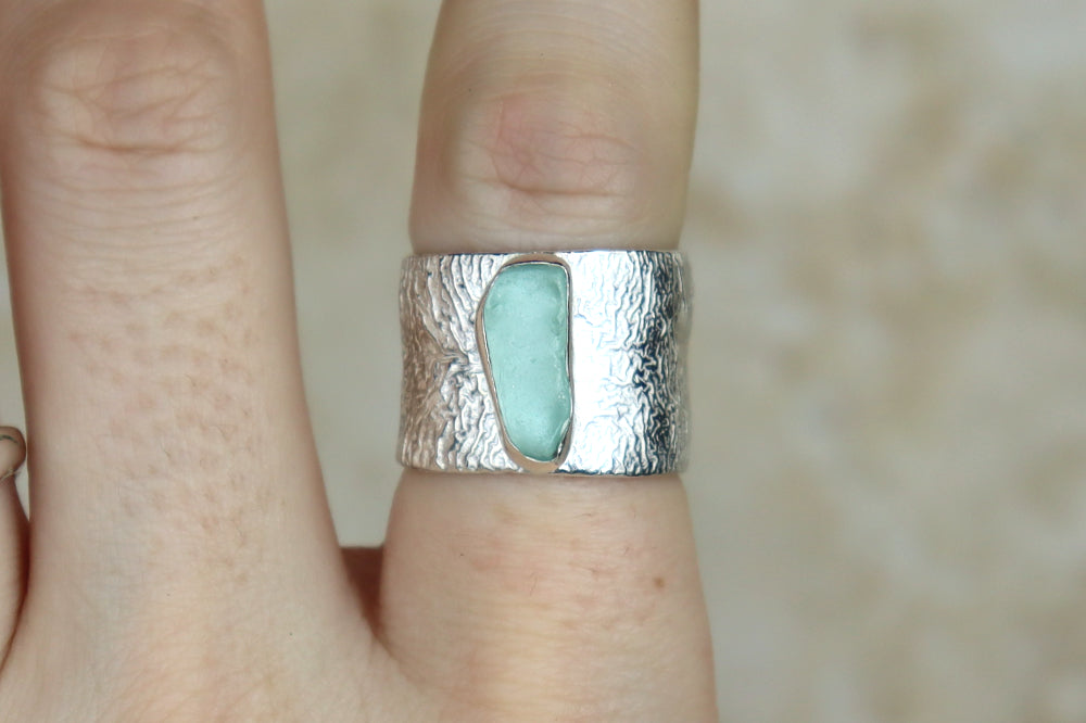 UK Size L Reticulated Welsh Sea Glass Ring