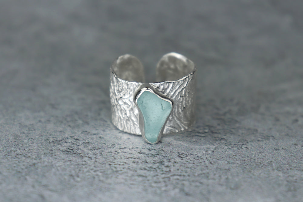 UK Size P/Q Welsh Sea Glass 15mm Reticulated Ring