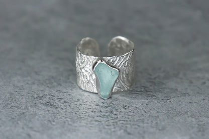 UK Size P/Q Welsh Sea Glass 15mm Reticulated Ring
