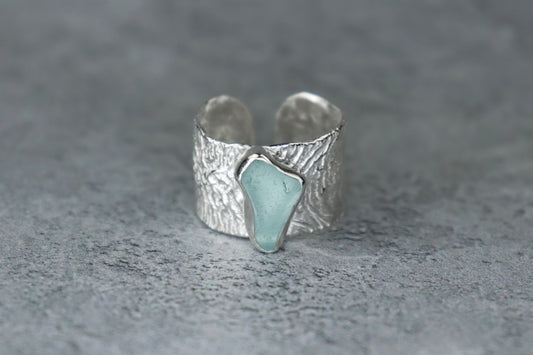 UK Size P/Q Welsh Sea Glass 15mm Reticulated Ring