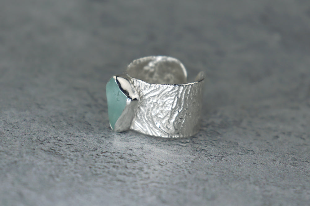 UK Size P/Q Welsh Sea Glass 15mm Reticulated Ring