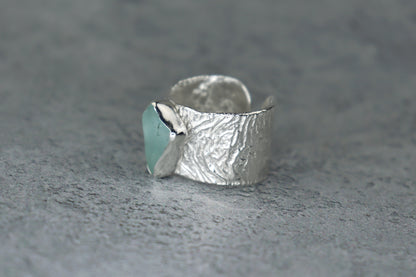 UK Size P/Q Welsh Sea Glass 15mm Reticulated Ring