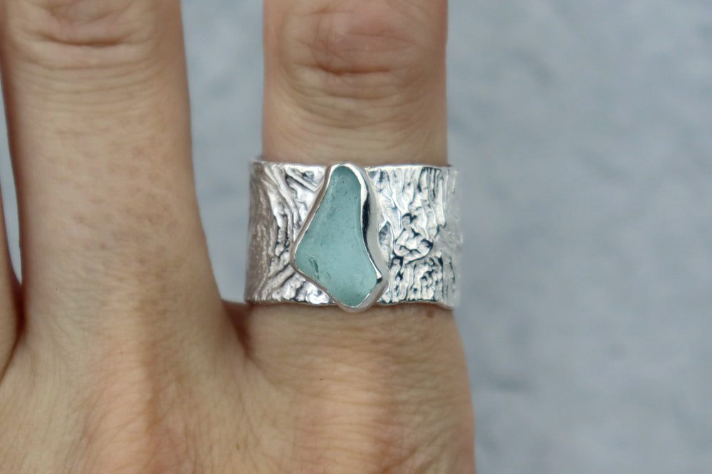 UK Size P/Q Welsh Sea Glass 15mm Reticulated Ring